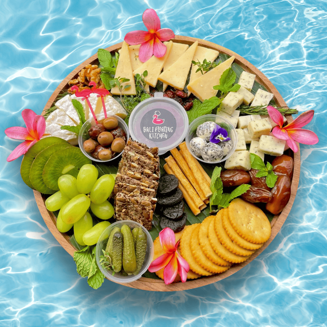 Vegetarian cheese board with fruit and dips in Bali villa
