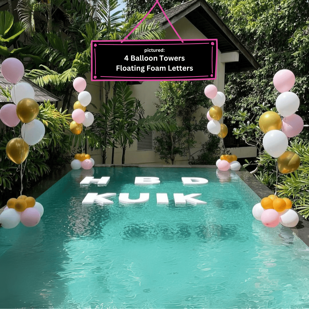 many balloon towers beside Bali villa pool