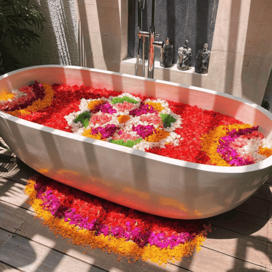 romantic flower petal bathtub in Bali villa