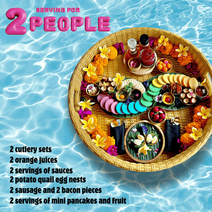 Instagrammable vegetarian rainbow pancakes floating in Bali villa pool